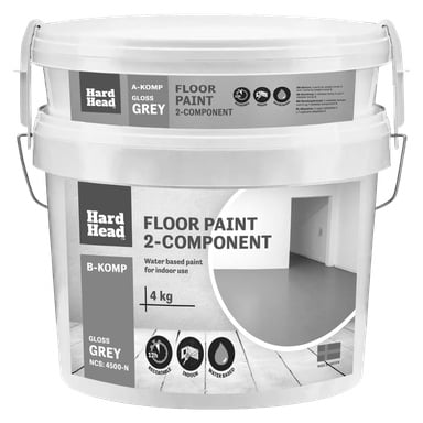 En 4 kg beholder med Hard Head Floor maling 2-komponent, blank grå, for innendørs bruk. Etiketten sier vannbasert, viser produktdetaljer og bruksikoner, og viser et bilde av et romgulv malt i grått.