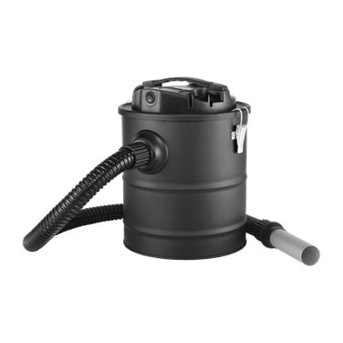En Meec Tools Ash-dammsugare med en cylindrisk svart kropp, en flexibel slang som slutar i ett silvermunstycke och ett praktiskt översta handtag som är säkrat med metallspänn på locket.