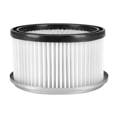 Ett cylindriskt Meec Tools HEPA-filter med veckade sidor, svarta plaständlock och en metallbas, visad stående upprätt.
