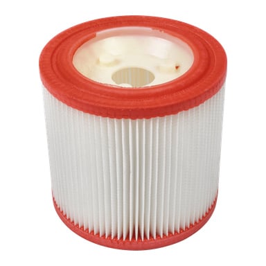 Ett cylindriskt Meec Tools HEPA-filter av vitt veckat material, röd plastkant upptill och ner, och en rund öppning i mitten.