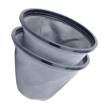 Ett par grå nätfilterkorgar från Meec Tools, gjorda för kraftiga dammsugare, är staplade inuti varandra. Båda korgarna har stadiga kanter och flera jämnt fördelade små hål över ytan för effektiv filtrering.