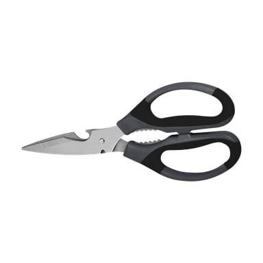 Ett par Menuett-saxar med ergonomiska svarta och grå handtag, ett tandat blad och hackade områden nära pivoten designade för flera funktioner.