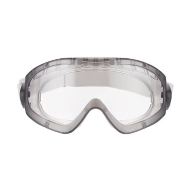 3M Schutzbrille mit klarem Glas, grauem Rahmen und einem verstellbaren weißen Gummiband.
