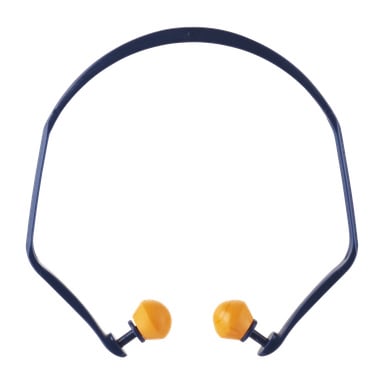 Ein Set 3M-Ohrstöpsel mit einem blauen Kunststoffband, das über dem Kopf sitzt, mit orangefarbenen, kegelförmigen Ohrstöpseln an beiden Enden zum Gehörschutz.