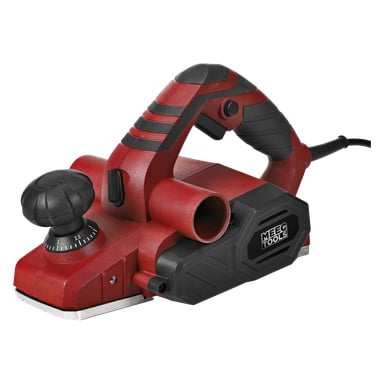 En röd och svart Meec Tools Electric hyvel med texturerat handtag, justeringsratt, Meec Tools-märkning på kroppen och en strömkabel som går ut baktill – lämplig för att slipa eller forma trä.