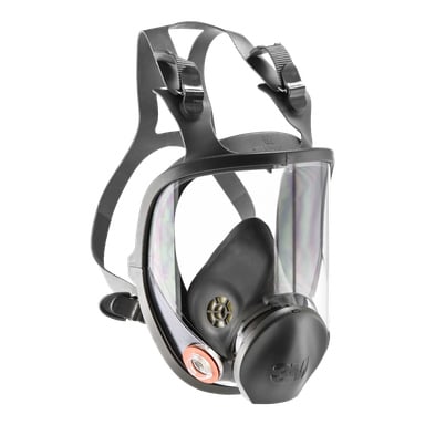 Die 3M 6800 Full Face Mask verfügt über ein transparentes Visier, schwarze verstellbare Gurte, einen kreisförmigen Filteranschluss und ein zentral positioniertes Ausatmungsventil.