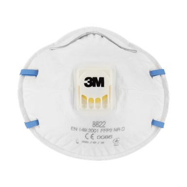 Ein Set aus drei 3M 8822 FFP2 Einwegmasken mit blauen Bändern und einem gelben Ausatmungsventil.