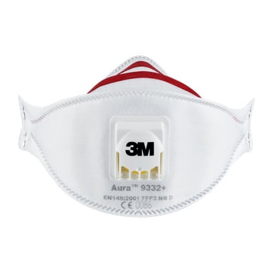 Die weiße 3M Aura 9332+ Filtermaske aus einem 2er-Pack ist nach vorne gerichtet und hebt den roten Riemen und das Ausatmungsventil hervor. Zertifizierungsmarkierungen erscheinen nahe der unteren Mitte der Maske.