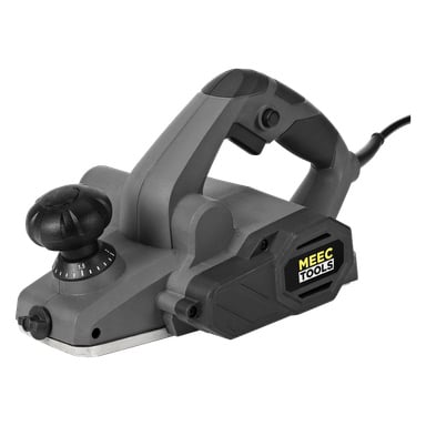 En grå och svart Meec Tools elektrisk hyvel med en stor justeringsknopp, ergonomiskt handtag, sladdad ström och en synlig sidoetikett där det står Meec Tools.