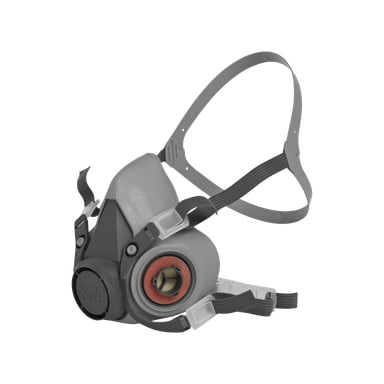 Ein grauer 3M Half Mask 6200B Atemschutz mit verstellbaren Bändern, runden Filtern auf jeder Seite und einem zentralen Ausatmungsventil.