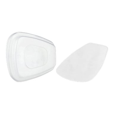 Links befindet sich ein 3M Replacement Filter 5935 mit einem klaren, rechteckigen Kunststoffdeckel, der neben einem ähnlichen transluzenten rechteckigen Filterblatt rechts platziert ist.