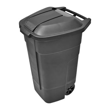 En Hard Head Waste-behållare med en rymlig svart plastkropp, gångjärnsförsedd lock och två hjul visas från en övervinkel.