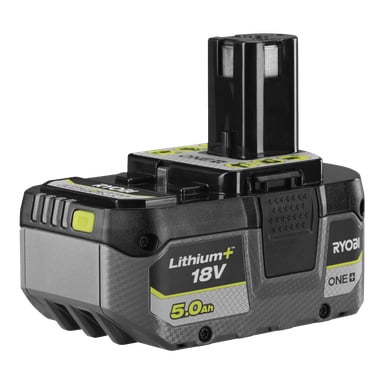Ryobi One+ RB1850X är ett 18V Lithium+ uppladdningsbart batteripaket med en kapacitet på 5,0 Ah, med en svart och grå kropp med gult och grönt accentuerat, tillverkad för användning med Ryobi elverktyg.