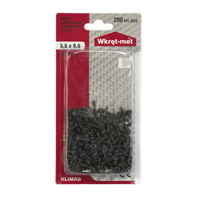 Przezroczyste plastikowe opakowanie firmy Wkręt-met, oznaczone "200 pack", mieści 200 czarnych samogwintujących śrub o wymiarach 3,5 x 9,5 mm, ułożonych na czerwono-białym tekturowym podkładzie.