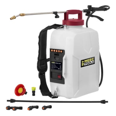 Meec Tools Multiseries PS-18V HOME 500 batteridriven sprutpistol i vitt, med svart slang, olika munstycken, axelrem och rött pumphandtag. Tillbehören är prydligt placerade framför spraypistolen.