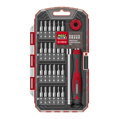 Ett 51-delat Meec Tools Precision Screwdriver Set arrangerat i ett svart och rött fodral med genomskinliga etiketter för varje bit, som visar ett skruvmejselhandtag tillsammans med flera utbytbara bitar.
