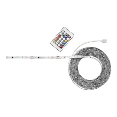 En spiralad Anslut RGB LED-remsa visas med en fjärrkontroll ovanför, som har flera färgade knappar för att justera remsans inställningar.