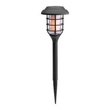 Anslut solcells-LED-lampa med svart pålbas och en cylindrisk lampa omgiven av ett burliknande metalllock ger ett varmt sken.