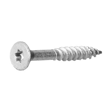 En detaljerad vy av en hård huvudträskruv med silverfinish, Phillips-driv, platt sänkt huvud och grov gänga, visad horisontellt.