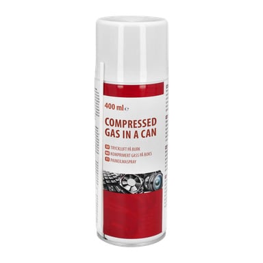 En 400 ml vit burk med komprimerad gas från No brand EMW, med röda och silverfärgade detaljer, citerad text som Compressed Gas och 400 ml, samt ett tunt sugrör för riktad sprutning.
