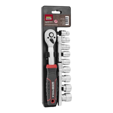 Ett 12-delat Meec Tools hylsnyckelset i förpackningen, inklusive spärrhandtag, förlängningsstång och åtta hylsor från 8 mm till 19 mm, alla organiserade i en vertikal rad på en svart plasthållare med produktinformation ovanför.