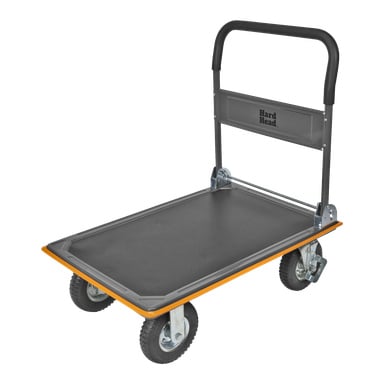 En Hard Head plattformtrolley med flat overflate, fire svarte hjul, svart håndtak og oransje dekor. Håndtakstøtten viser merket Hard Head.
