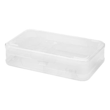 Pudełko Hard Head Assortment to przezroczysty, prostokątny plastikowy organizer z 10 komorami i zamkniętą pokrywką. Ma zaokrąglone krawędzie i przednie zatrzaski, które zabezpieczają pokrywę. Pudełko jest puste.