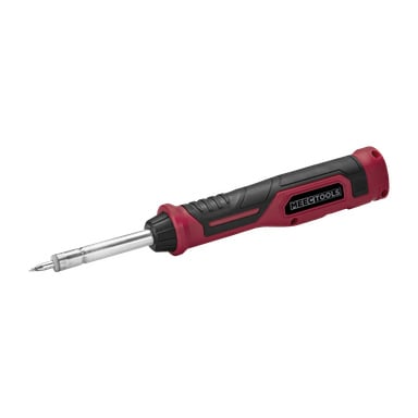 Batteridriven lödkolv med ett rött och svart grepp med texten Meec Tools.