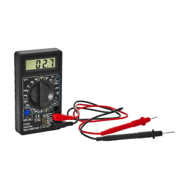 En Anslut Multimeter DT832 med en roterande ratt som visar olika märkta inställningar, röda och svarta testprober kopplade med ledningar, och en digital display som visar 0,27.