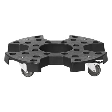 Hamron Wheel Storage on musta muovinen dolly, jossa on neljä pyöräpyörää ja pyöreä keskiaukko, ja se sopii suurten pyöreiden esineiden, kuten astioiden tai rumpujen, siirtämiseen. Sen pinta sisältää useita kuusikulmaisia aukkoja lisätoiminnallisuutta varten.