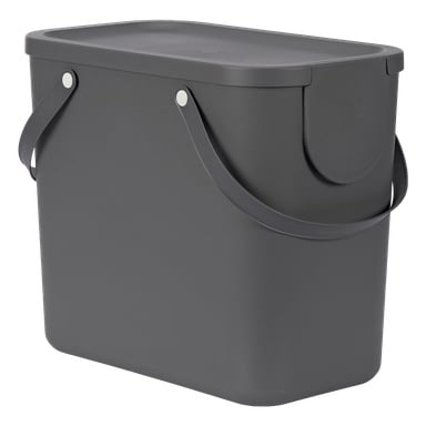 Tummanharmaa Hard Head Recycling -säiliö, jossa on suorakaiteen muotoinen muovimuoto, jossa on kaksi kahvaa sivuilla ja vastaava kansi.
