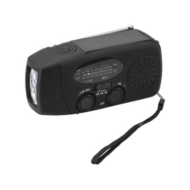 En liten svart Bright Wind-up FM-radio med inbyggd solpanel, ficklampa, inställnings- och volymrattar, högtalare, läsbara frekvensmarkeringar och ett fast handledsband – perfekt för resor eller nödsituationer.