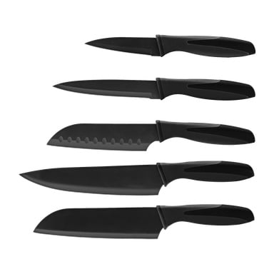 Knivset 5 delar av Menuetts svartskaftsknivar är placerade horisontellt, bladen vända åt vänster.