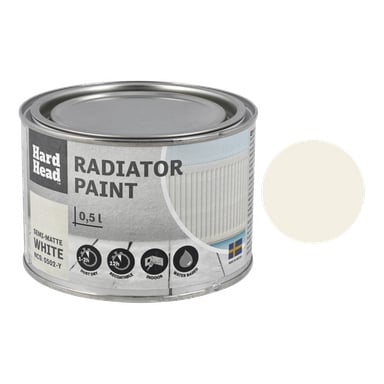 En 0,5 liters boks med Hard Head radiatormaling, semimatt hvit; ikonene viser støvtørket i 1-2 timer, innendørs bruk, vannbasert, med en hvit fargeprøve til høyre.