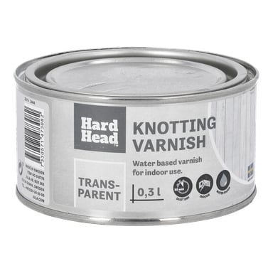 En 0,3-liters metallburk med Hard Head Knotting Solution designad för inomhusbruk, beskriven som transparent, vattenbaserad, vattenresistent och torrtorkar på 30 minuter. Etiketten visar en streckkod tillsammans med detaljerade produktdetaljer.
