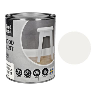 En boks med Hard Head Wood-maling i halvblank Chalk White. Etiketten viser en liten hvit krakk, produktdetaljer og et svensk flagg. En prøve i Chalk White vises ved siden av boksen.