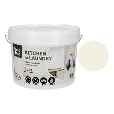 En 2,7-liters vit plasthink med Hard Head Kitchen-färg, med ikoner för tvättmaskin, kök och inomhusbruk tillsammans med ett prov av färgen vitt. Etiketten lyder Hard Head Kitchen.