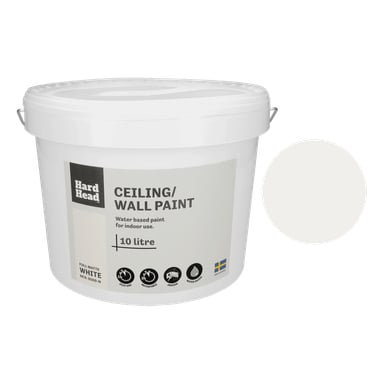 En 10-liters vit hink märkt Hard Head Ceiling/wall paint med texten vattenbaserad, för inomhusbruk, appliceringsikoner och en färgprovscirkel bredvid.