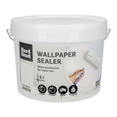 En 3-liters burk tapetsealer från Hard Head med en etikett som visar en hand med en färgrulle. Etiketten lyder: vattenbaserad, helt matt, inomhus, torkar snabbt och kan lackeras om, tillsammans med ikoner.