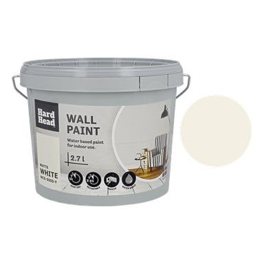 En 2,7-liters plasthink med Hard Head väggfärg märkt Wall Paint Indoor, White Matte och Water-based, med ett färgprov visat till höger.