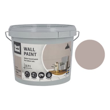 En 2,7-liters hink med Hard Head väggfärg i vintage rosa matt för inomhusbruk. Etiketten visar bilder på en stol, lampa och bord, med en rosa färgprov till höger och texten Hard Head Wall Paint Vintage Pink Matte synlig.