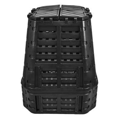 En svart plastbehållare för Hard Head Cold Compost med en avsmalnande form, rektangulära ventilationsspår på sidorna och ett gångjärnsförsett lock ovanpå.