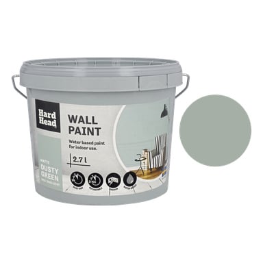 Harmaa muovinen ämpäri, jossa lukee Hard Head Wall -maalaus pölyisen vihreäksi, 2,7 L, mattapinta. Kuvakkeet osoittavat sisätilojen käyttöä, matalan hajun, nopean kuivumisen ja vesipohjaisen. Ämpärin vieressä on maalinäyte.
