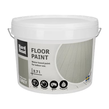 En 2,7-liters hvit plastbøtte med Hard Head Floor-maling i halvblank grått for innendørs gulv, med ikoner som viser tørke- og overmalingstider, og en etikett med et sirkulært bilde av malt tregulv. Teksten Hard Head Floor står på etiketten.