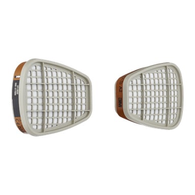 Två identiska 3M Replacement Filters 6055, beige och orange med ett rutnätsliknande frontmönster, visas ur två separata perspektiv.