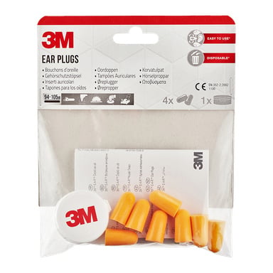 3M Earplugs 4 Pack -paketti sisältää neljä paria oransseja vaahtomuovikorvatulppia, valkoisen kotelon 3M-logolla ja tuoteohjeet kaikki kirkkaassa muovipussissa. Ylin etiketti näyttää 3M:n tuotetiedot ja brändäyksen.
