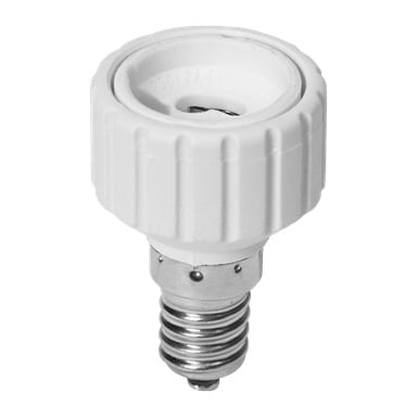 En vit plast- och metalladapter med skruvbas, avsedd att sättas i en E14-lampsockel och konverteras för kompatibilitet med GU10-lampor.