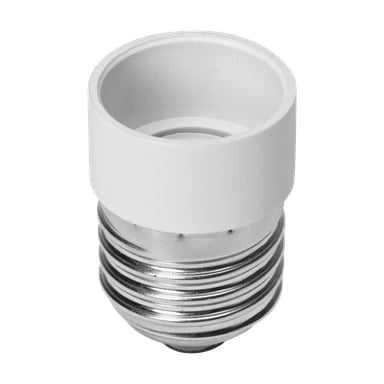 En närbild av Anslut Lamp-adaptern E27-E14, som har en metallskruvbas och ett cylindriskt vitt plastlock.