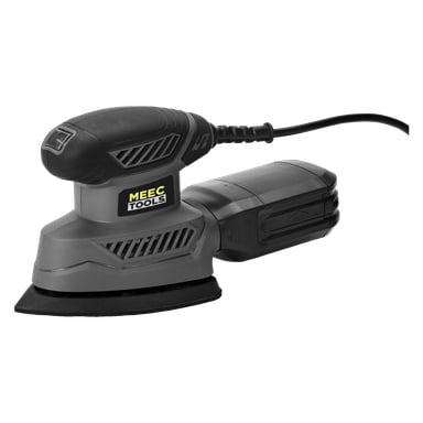 Ein schwarz-grauer Multischleifer von Meec Tools mit Schnur, belüftetem Griff und dreieckigem Schleifpad.