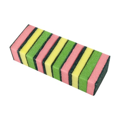 Ein Stapel von zehn Menuett Kitchen Sponges im 10er-Pack, jeder mit abwechselnd rosa, gelben und grünen rechteckigen Schichten.